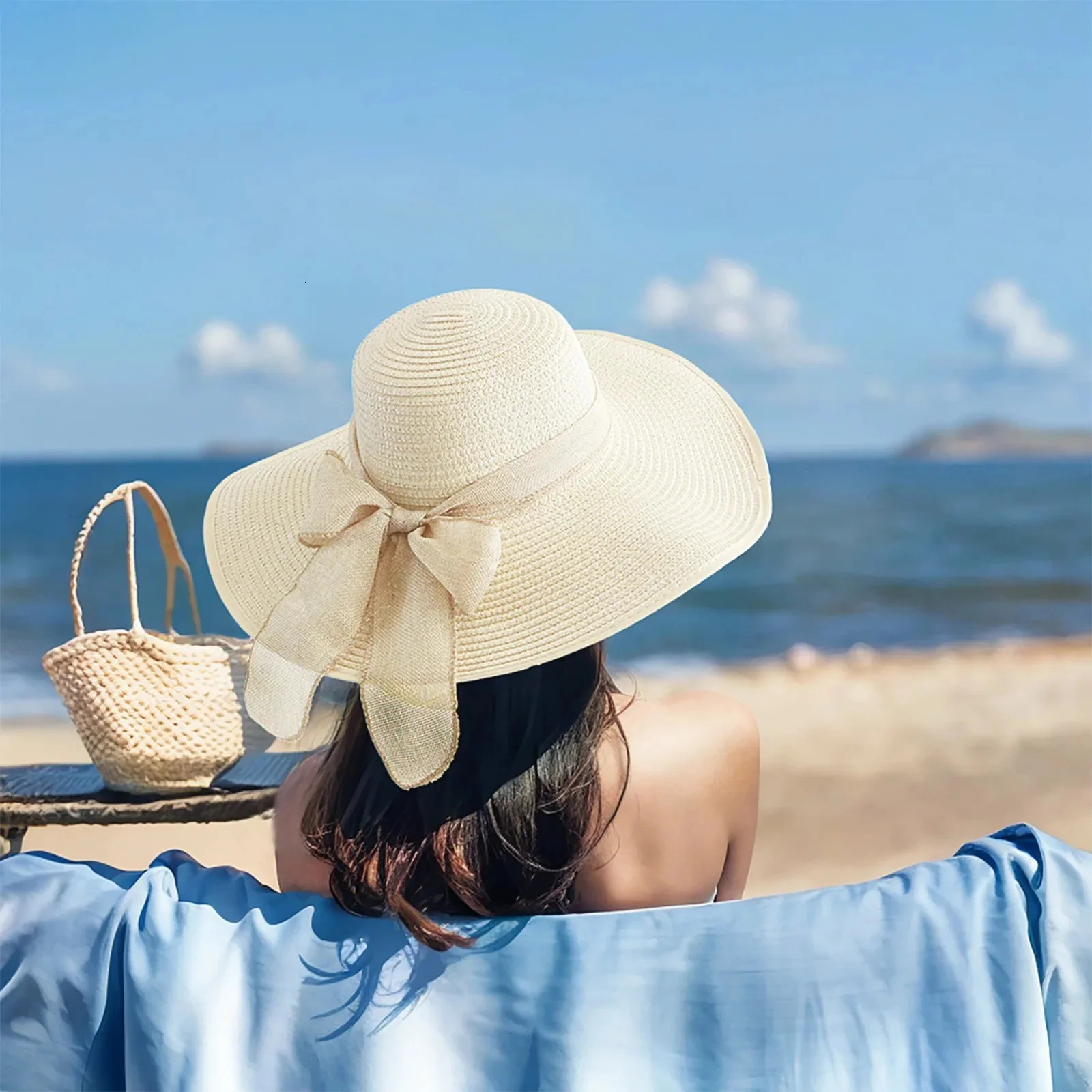 Summer Elegant Beach Sunshade Straw Hat Womens Beach Vacation Sunscreen Knitted Hat Beach Bowknot Wide Brim Floppy Panama Hats 250326