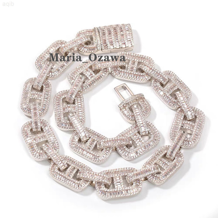 Fashion Style Baguette Cuban Chain 19mm Width S925 Silver with d Color Baguette Moissanite Cuban Link Chain Rapper Necklace
