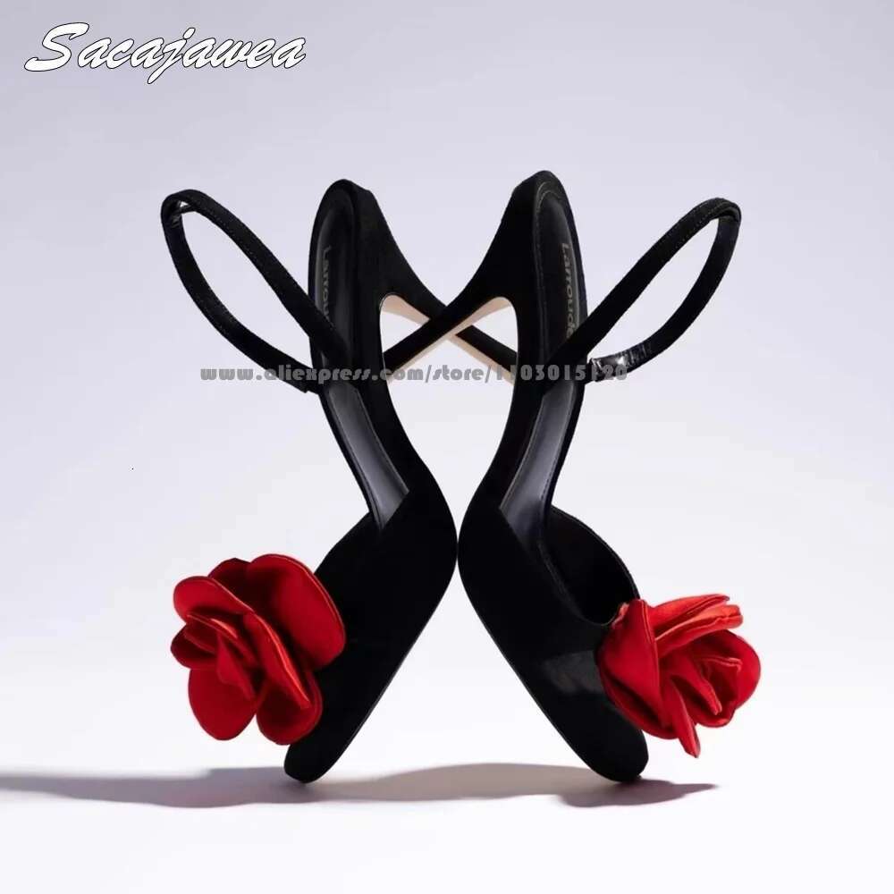 Open Toe One Word Belt Red Rose Back Strap High Heels All-Match Side Empty Shallow Sandals Large Size 34-46 Sexy Pumps