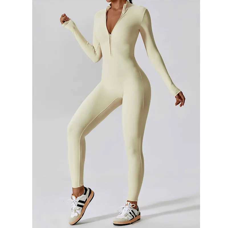 Womens jumpsuit zipper long sleeved yoga set gym push up workout clothes tight fitting fitness training clothes W250326