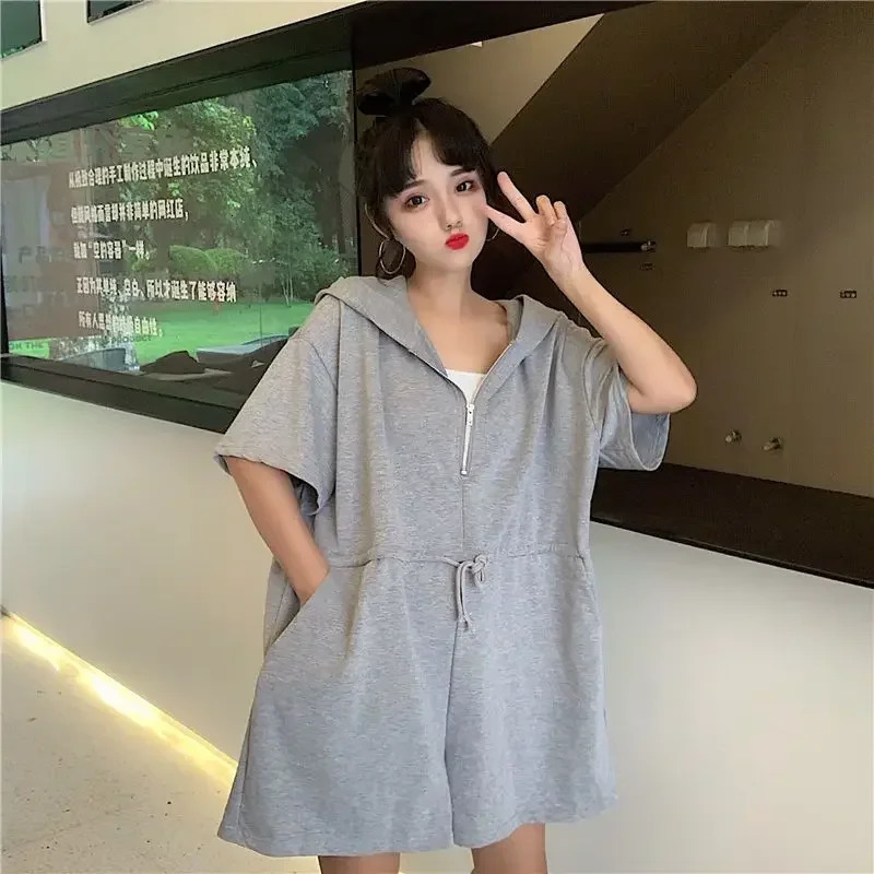 Summer womens sportswear clothes Korean loose hoodie drag and drop student jumpsuit casual wide leg short leg sportswear 250320