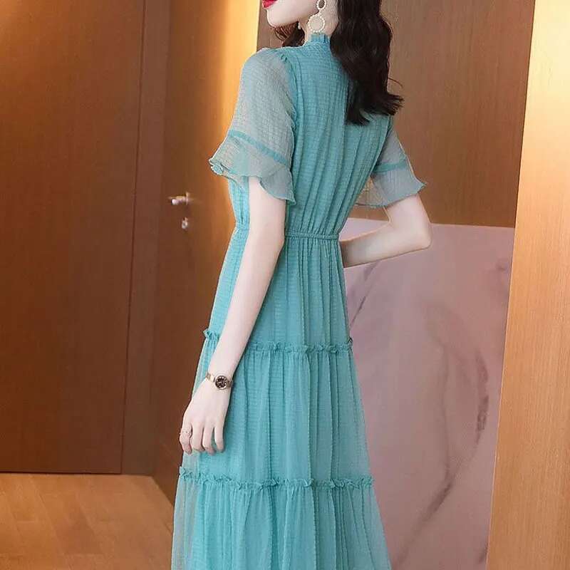 Casual Solid Color Chiffon Midi Dress Women's Clothing Summer New A-e Fashion Ruffles Patchwork Korean Drawstring Bow Dresses
