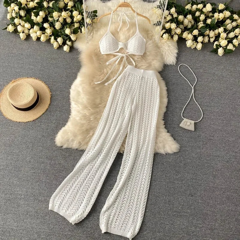 Beach Holiday Set Womens Summer Sexy Bikini Tie Collar Top Hollow Knitted Wide Leg Pants 250321