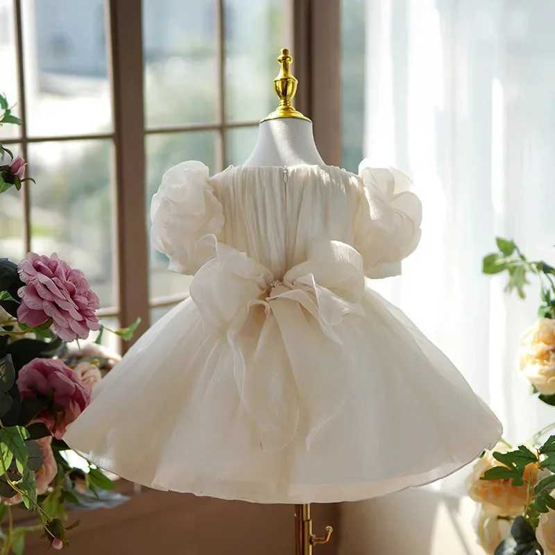 Customized ivory flower girl wedding dress for wedding pearls elegant bow and knee length childrens birthday parties sacred banquet dresses W250326
