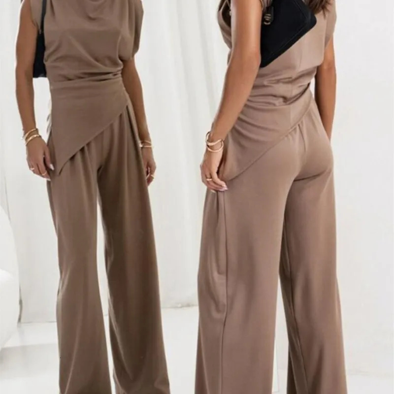 Summer Fashion Solid Two Piece Set Women Casual Off Shoulder Irregular Top Wide Leg Pants Two Piece Set Women 250321