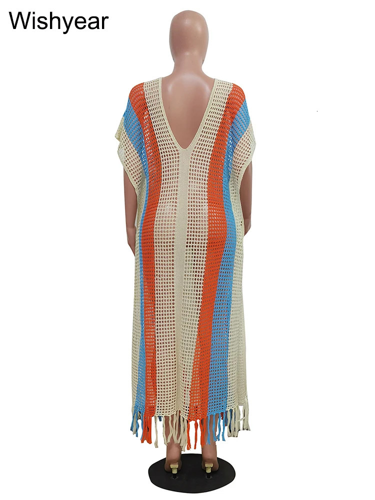 Rainbow crochet beach swimsuit womens sexy hollow knitted top short sleeved fringe swimsuit summer night club Vestido 250326