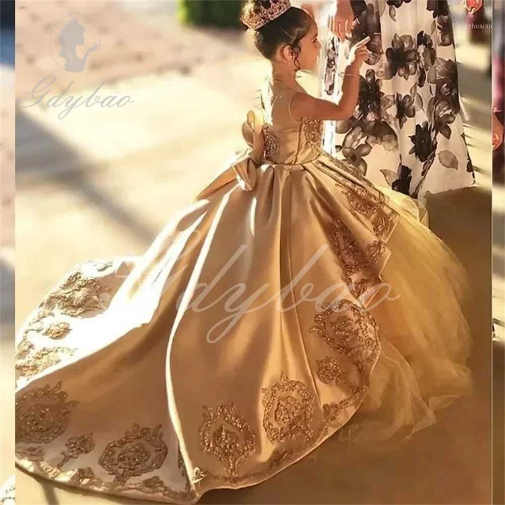 Flower girl dress childrens dress with beads girls long dress birthday dress lace back satin dress formal dress W250326