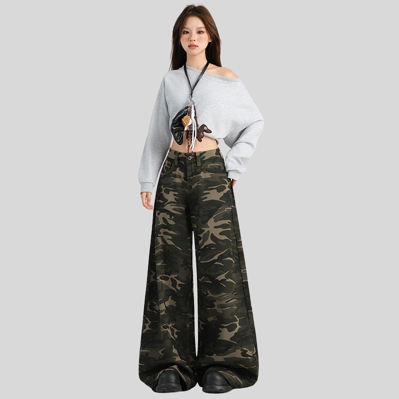 American Spice Girl Camouflage High Waist Wide Leg Casual Pants Women's Spring New High Street Skinny Floor Pants