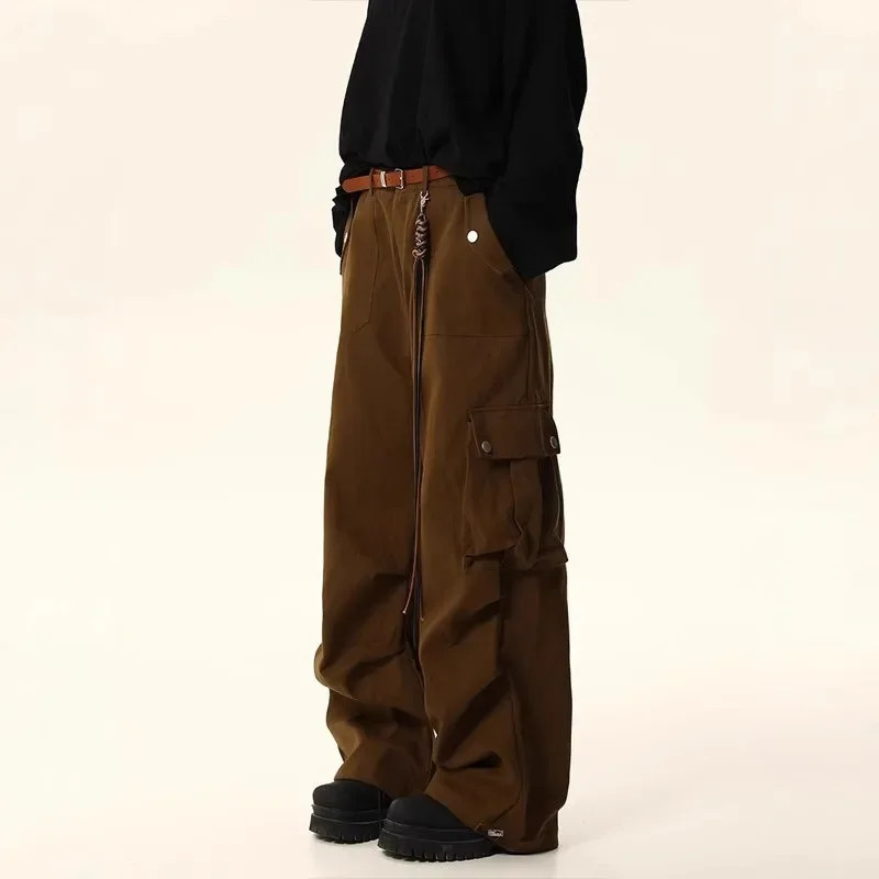 Retro American Panther Brown Cargo Pants Loose Fit Straight Leg Casual Mens and Womens Autumn Puff 250326