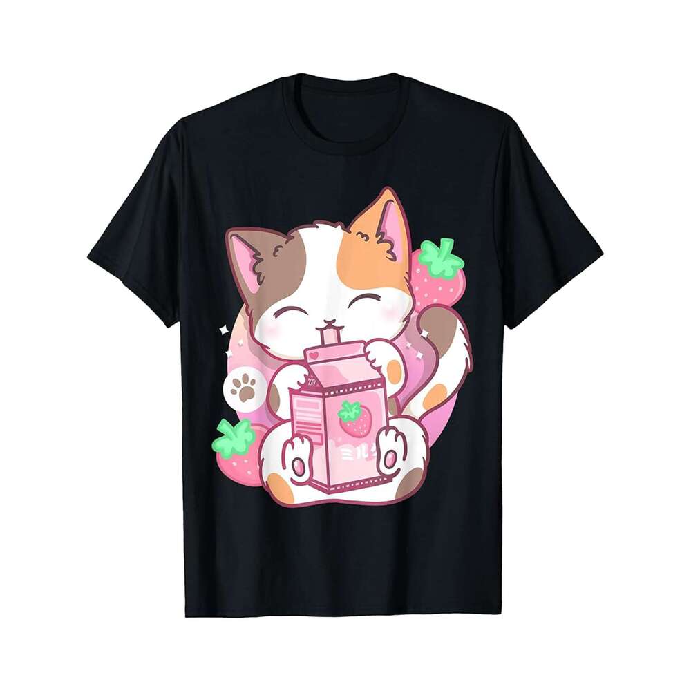 Designer T shirt Strawberry Milk Shirt For Men Girls Kawaii Neko Anime Cat - 220g Tshits
