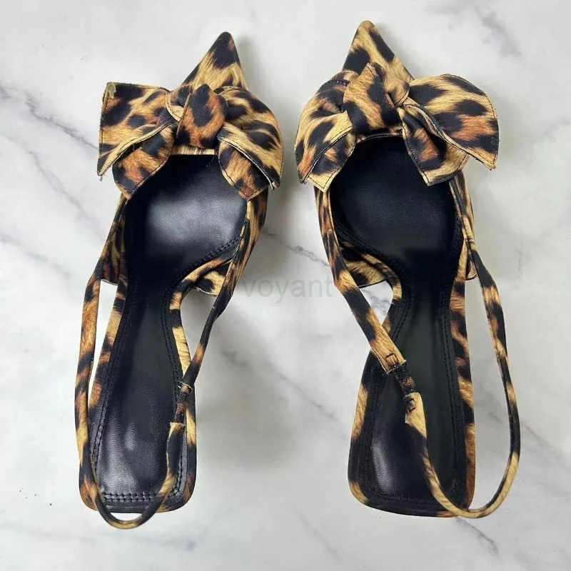 Big Bow Shallow High H Sandals for Lady Fashion Pointed Sexy Stiletto Leopard Print Summer Retro Par Luxury Shoes Wan Z250326