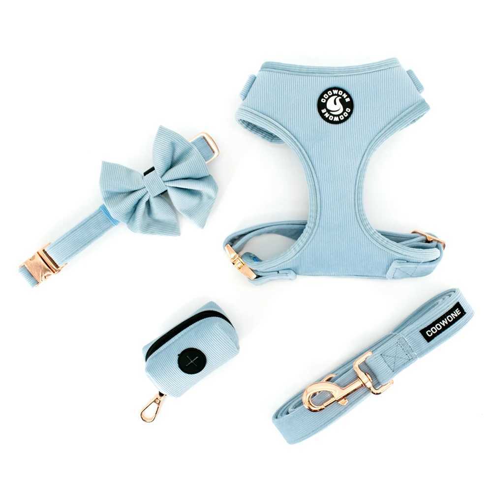 Collar adjustable non pull dog vest seat belt soft mesh pad blue Corduroy pet dog strap Collar poop bag dispenser X250326