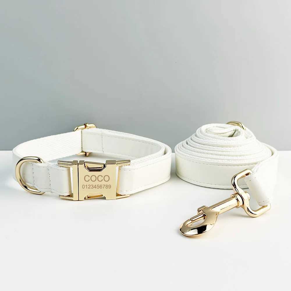 Customized white leather dog collar and leash set for dogs with carved names pet supplies dog leash PU01 X250326