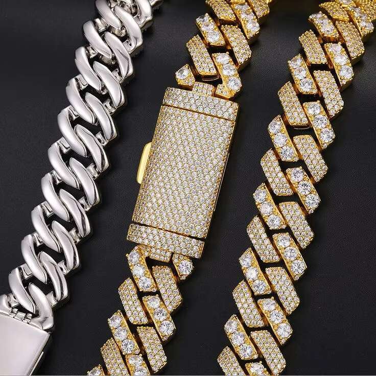 Wholesale Moissanite Hip Hop Jewelry 18K Gold 10mm 12mm 14mm 18mm 925 Silver Moissanite Diamond Iced Out Cuban Link Chain