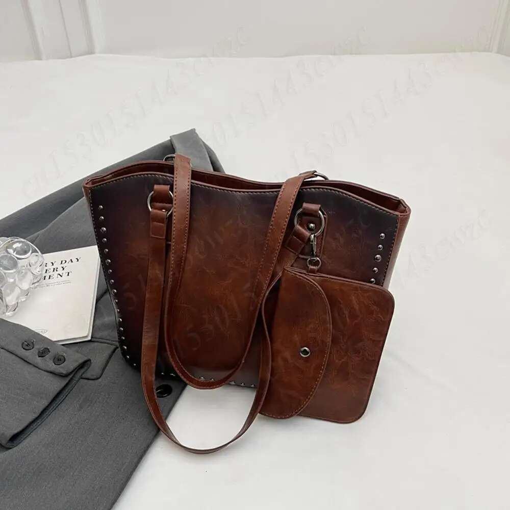 Tote Women W/Rivet Shoulder PU Leather Vintage Purse And Handbag Large Capacity Satchel Bag For Work Travel