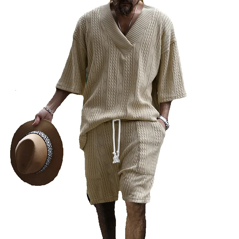 Men's short sleeved casual jacquard with 3D three-dimensional relief style men's drawstring V-neck set m090