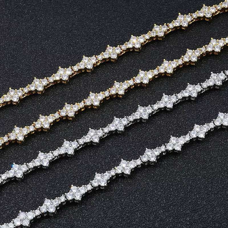 Hip-Hop Mens Womens 925 Sterling Silver VVS Moissanite Diamond Clover Cross Tennis Chain Bracelet Necklace Elegant Bangle