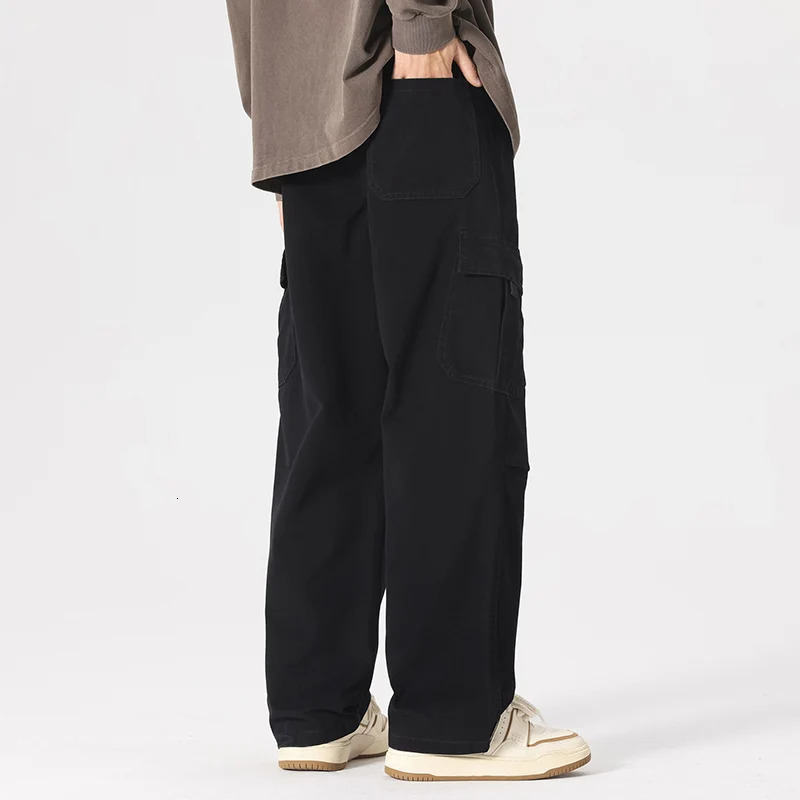 Loose Straight Cargo Pants Men Multi Pocket Fashion Casual High Street Pant Drawstring Spring Summer Korean Hip Hop Trousers 250321