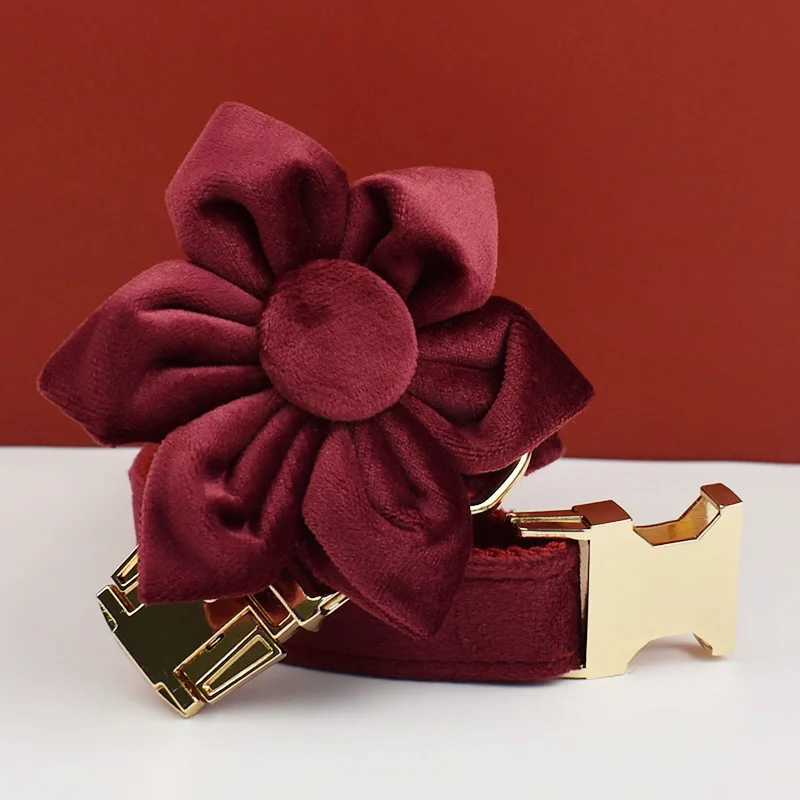 Red wine velvet dog collar and belt set suitable for large dogs custom carved names pet supplies dog collars X250326