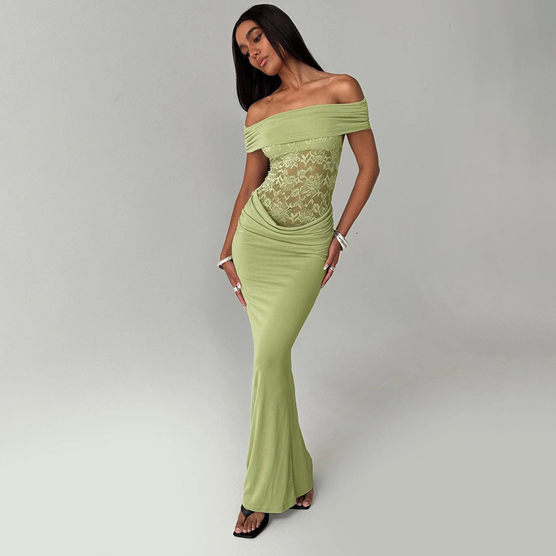 2025S Fashion Designer G DS Women S Spring Summer New One Shoulder Solid Color Splicing Lace Slimming Bag Hip Long Dress