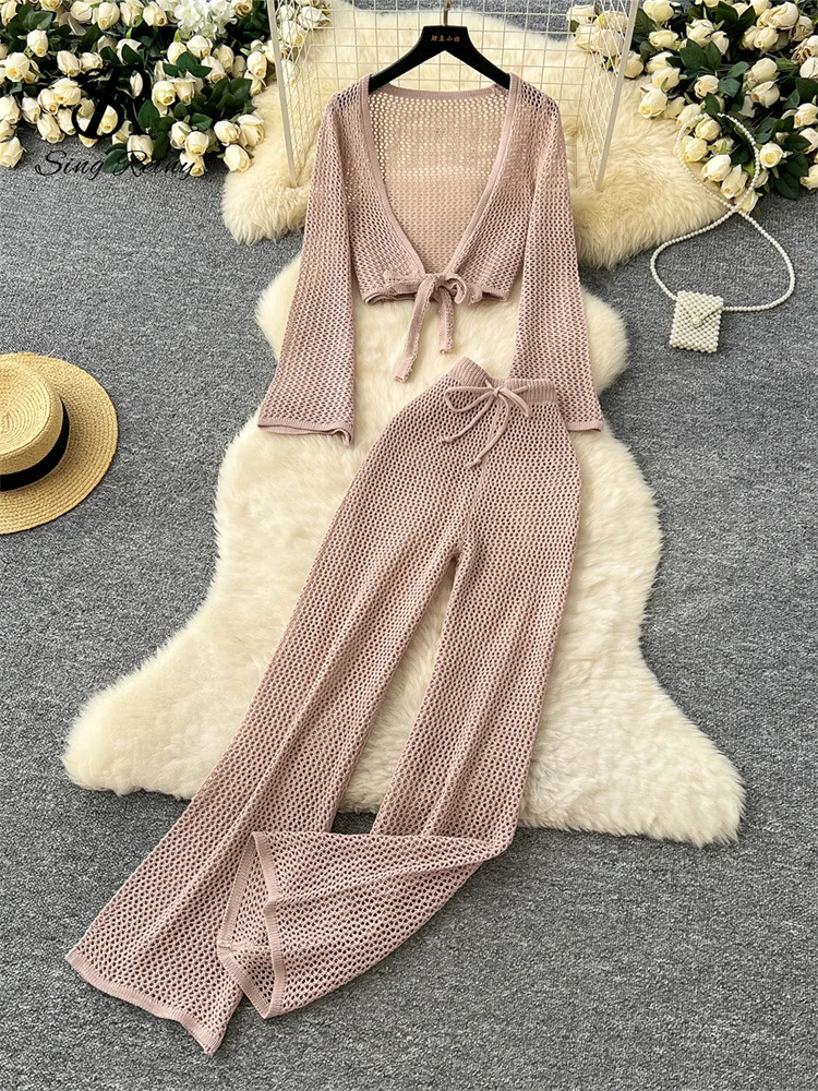SINGREINY 2025 Summer Hollow Out Beach Sets Women Lace Up Short CardigansElastic Wide Legs Long Pants Bohemian Two Pieces Suits 250324