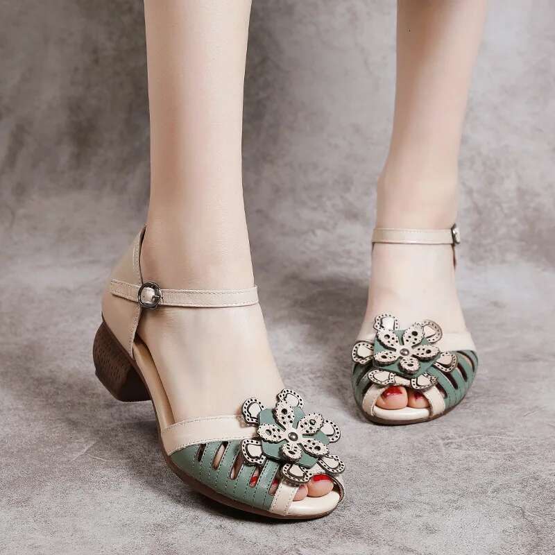 2025 Summer New Women's Genuine Leather Designer Fashion Sandals Platform Summer Beach Retro High Heels with Buckle