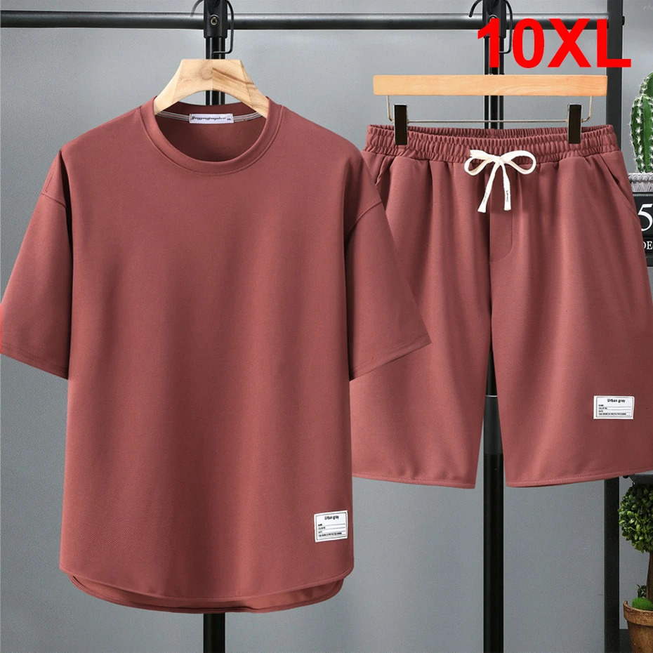 Summer sportswear mens plus size 10XL summer solid color set fashionable casual T-shirt shorts mens plus size 10XL 250324