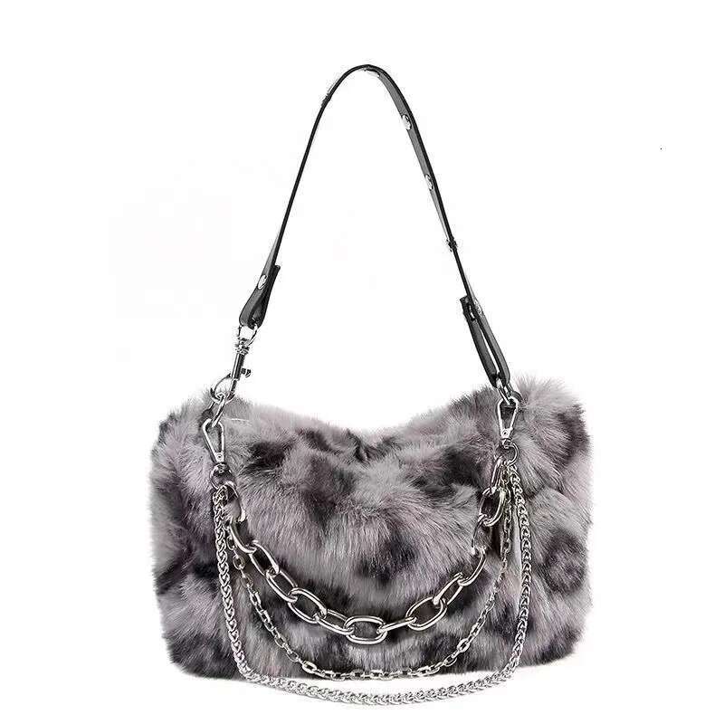 New Faux Fur Shoulder Bag Women's Autumn Winter Chain Handbags Ladies Leopard Print Clutch Purses Fluffy Top Handle Bags