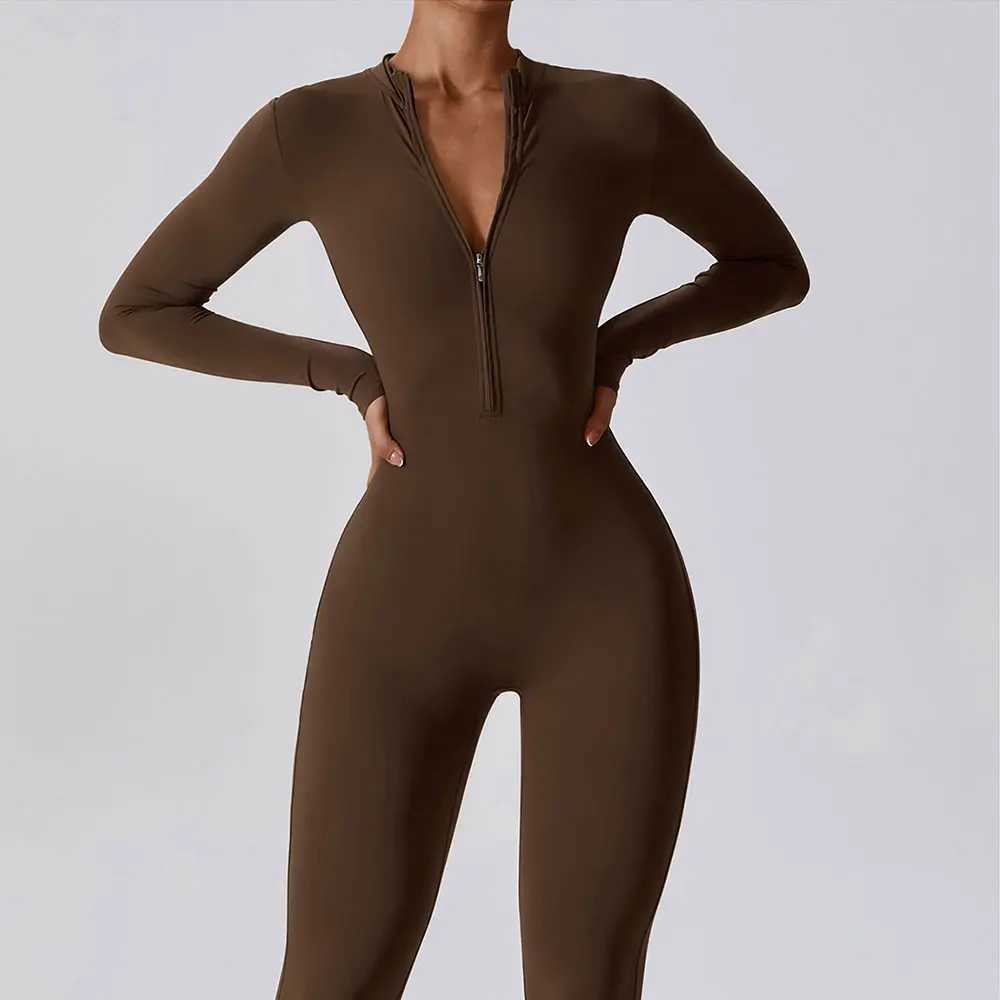 Womens jumpsuit zipper long sleeved yoga set gym push up workout clothes fitness clothes sportswear W250326