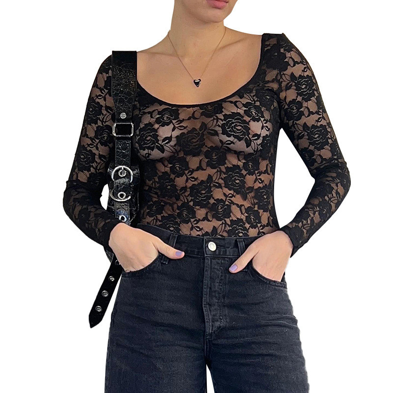 2025S Fashion Designer Q TP Women S Spring Summer New Collection Solid Color Big U Neck Lace Sexy T Shirt Top For Women