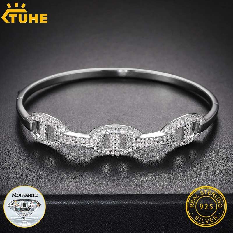 Unisex Simple Silver 925 Bangle VVS1 Moissanite For Women Men Hip Hop Jewelry