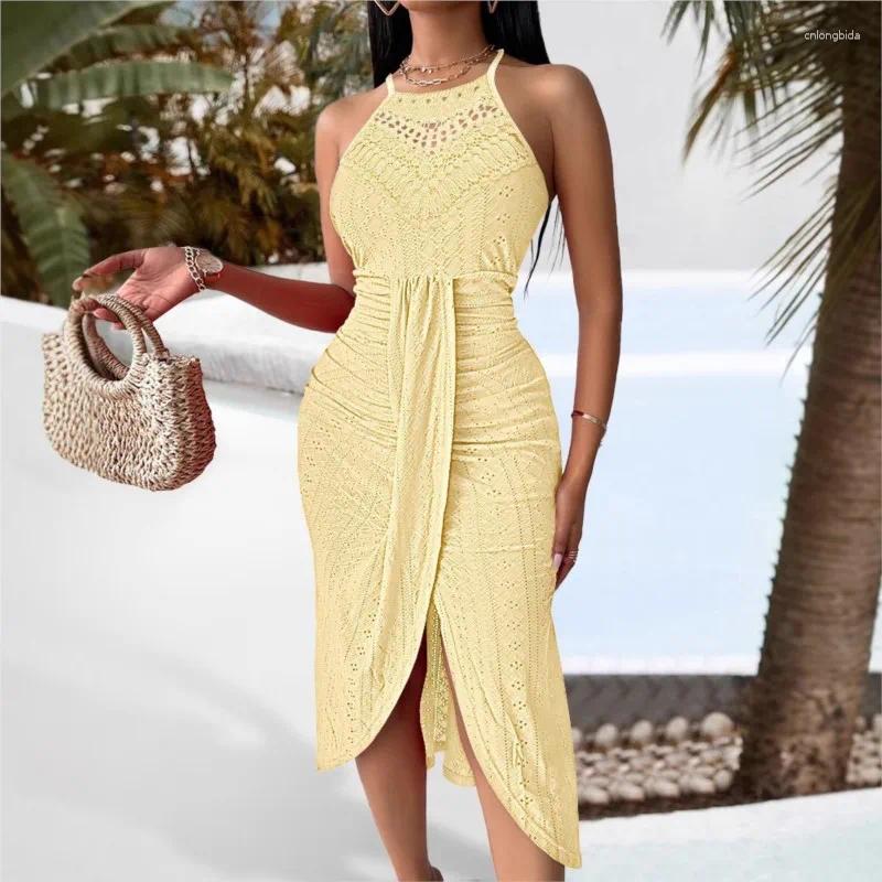 Casual Dresses 2025 Hollowed-out Slit Dress Women Fashion Hallow Sleeveless Pleated Summer Irregular Beach Vacation Solid Color