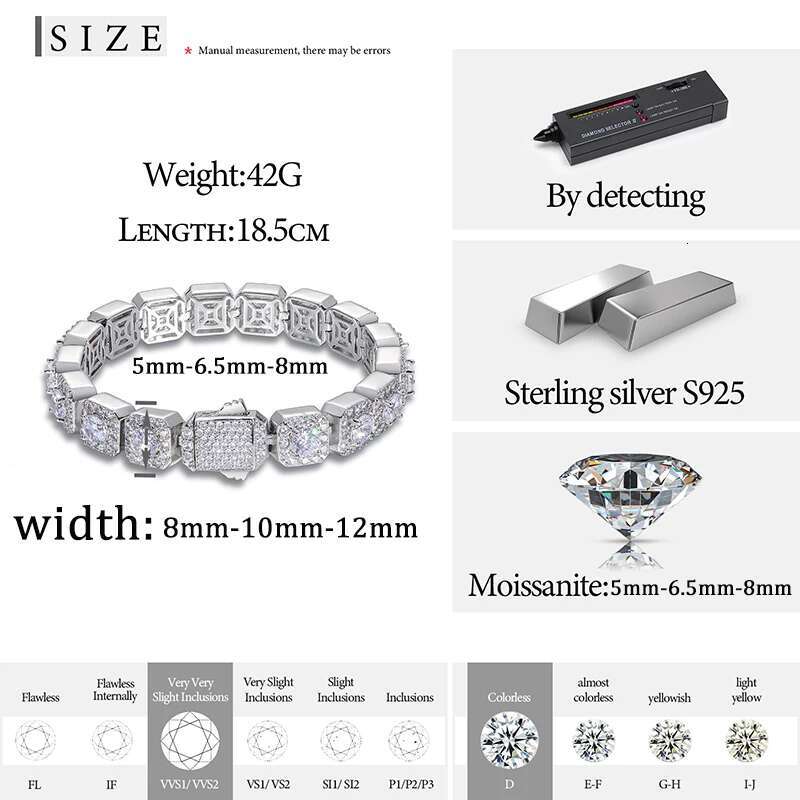 5mm-6.5mm vvs1 Color D Moissanite Bracelet Chain For Men/Women Hip Hop Jewelry Sterling Silver 925 Bracelet For Gifts