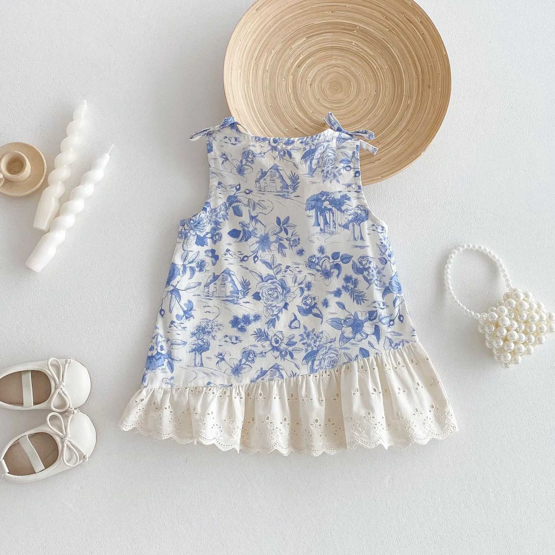 2025 New Summer Childrens Chiffon Chinese Sleeveless Princess Dress Suitable for Girls - Blue and White Jewelry Elements W250326