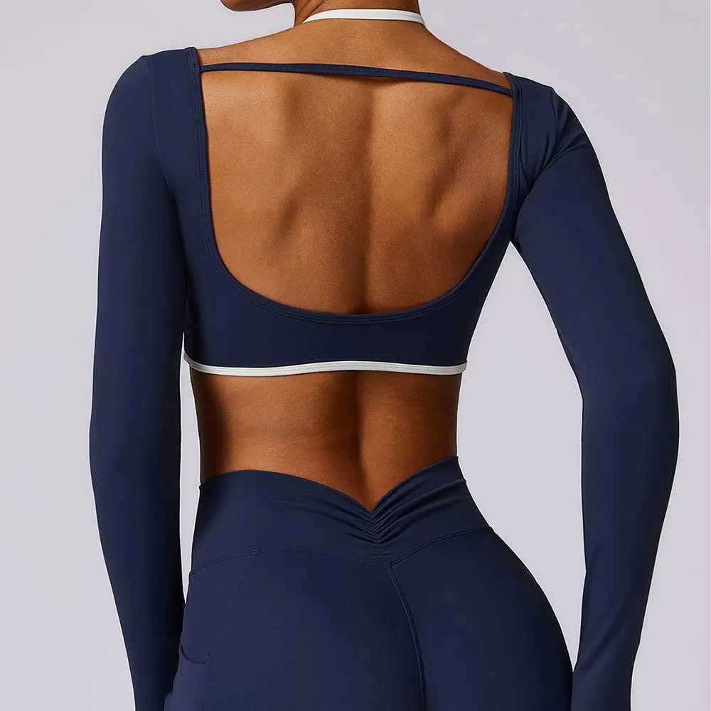 Sexy backless yoga long sleeved push up crop Top womens gym clothing Breathable yoga shirt Fitness training sports top W250326