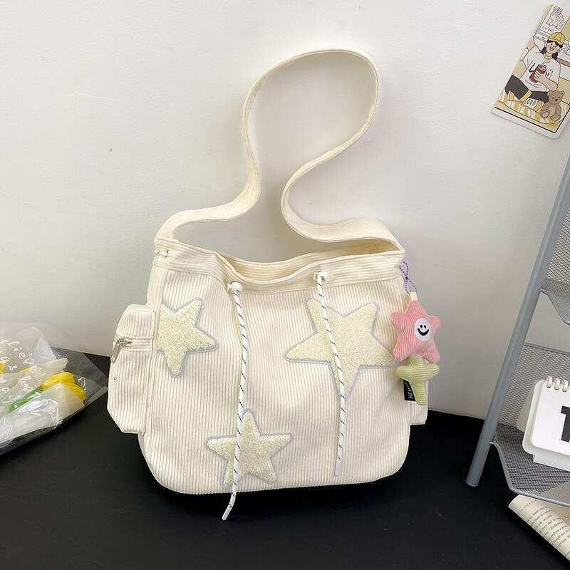 9e Large capacity corduroy for women's one shoulder ins casual five pointed star crossbody cute and versatile student tote bag