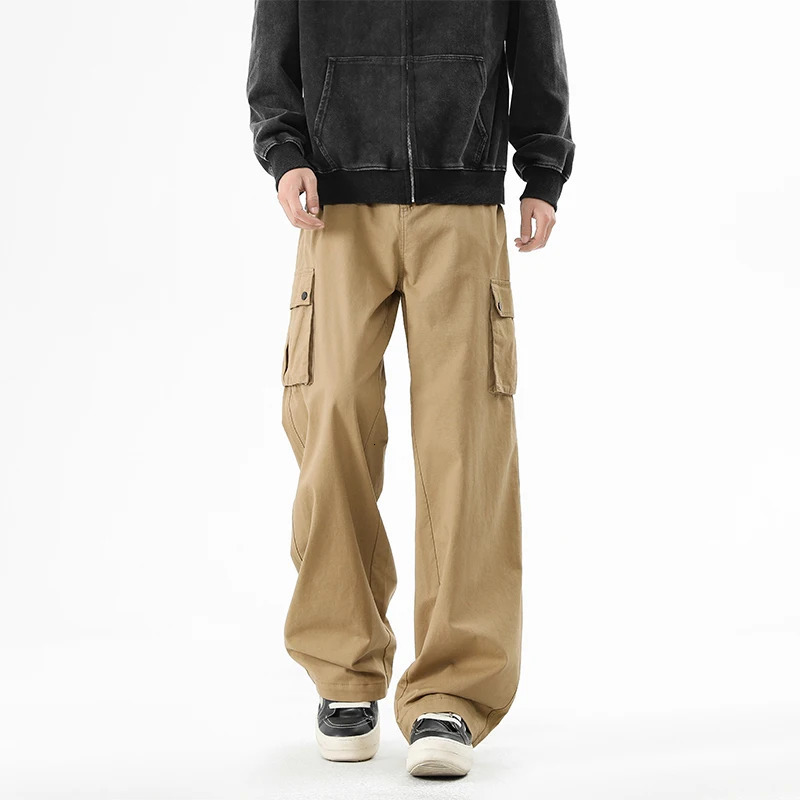 Men's Cotton Cargo Pants High Street Comfortable Loose Fit Wide Leg Pants Side Pockets Drawstring Waist Trousers Man Workwear 250321