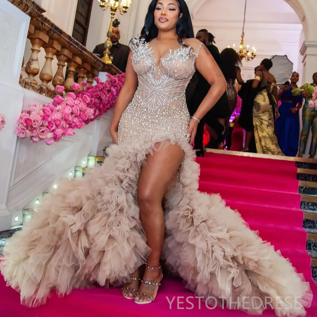 2025 Plus Size Aso Ebi Prom Dresses Mermaid Prom Dress Evening Formal Gowns Beaded Lace Side Split Tiered Birthday Second Reception Gown For Africa Bl