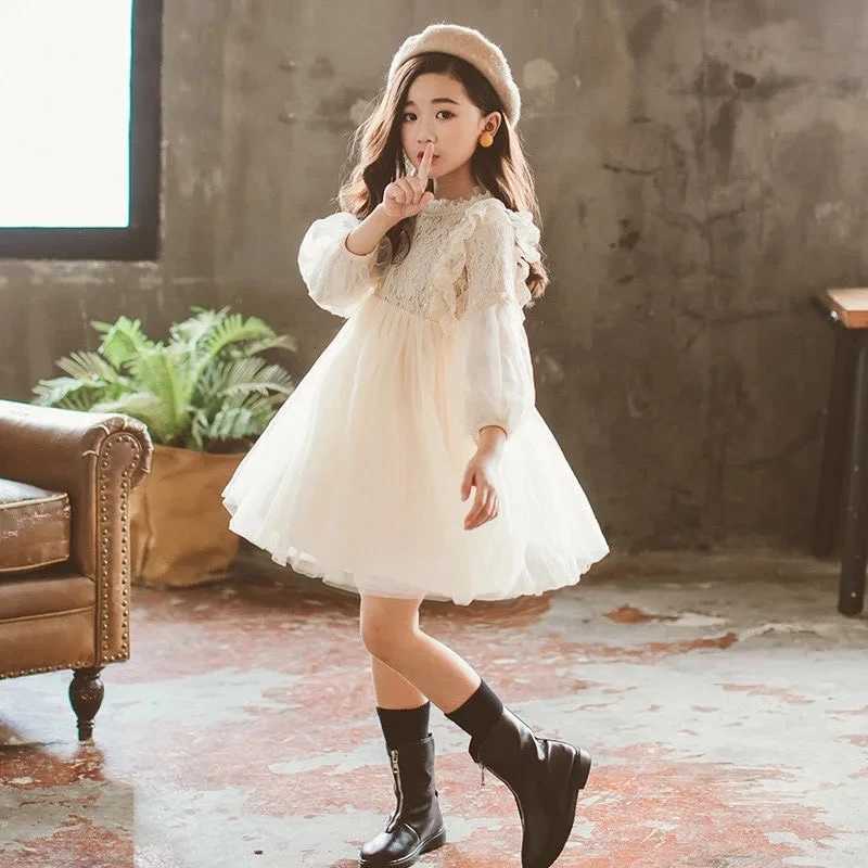 Spring and Autumn Girls Dress Lantern Sleeve Lace Mesh Pearl Sweet Fashion Little Princess Dress 3-12 Year Christmas Childrens Clothing W250326