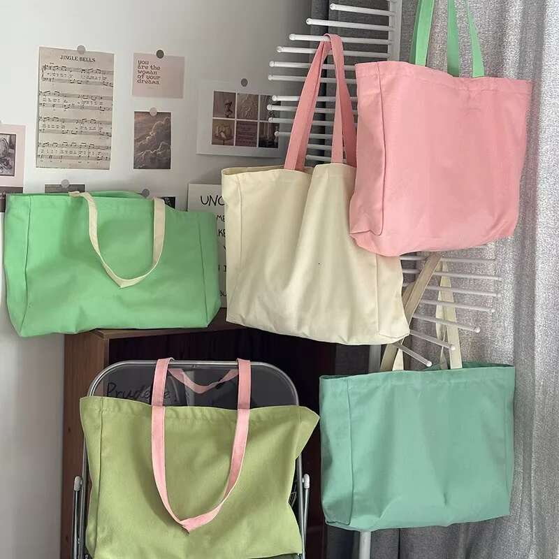 100Pcs/Alot Candy Colored Large Capacity Canvas Custom Wholesale Cloth Label Letter Cheap Weekend Shopping Bag With