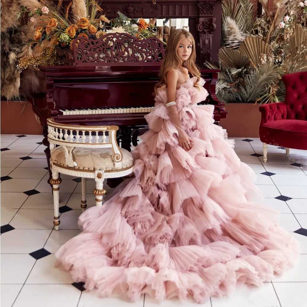 Elegant floral girl dress with ruffled edges long train solid color collar wedding floral childs first auspicious birthday Par dress W250326