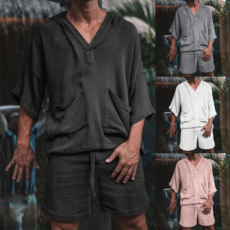 2pcsset Men Summer Cotton Linen Shirt Set Loose Casual Tops Shorts Suit Short Sleeve Pajamas Comfy Breathable Beach Shorts 250324