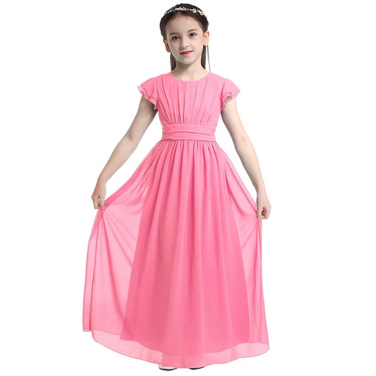 Childrens princess summer dress with pleated sleeves floral chiffon dress for girls Pageant wedding Par dance dress long skirt W250326