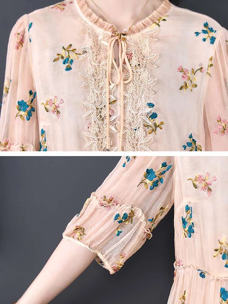 Summer New Silk Embroidery ral Loose Women Elegant Chic Ruffled Collar Casual Home Dress 2024 Vintage Party Robe