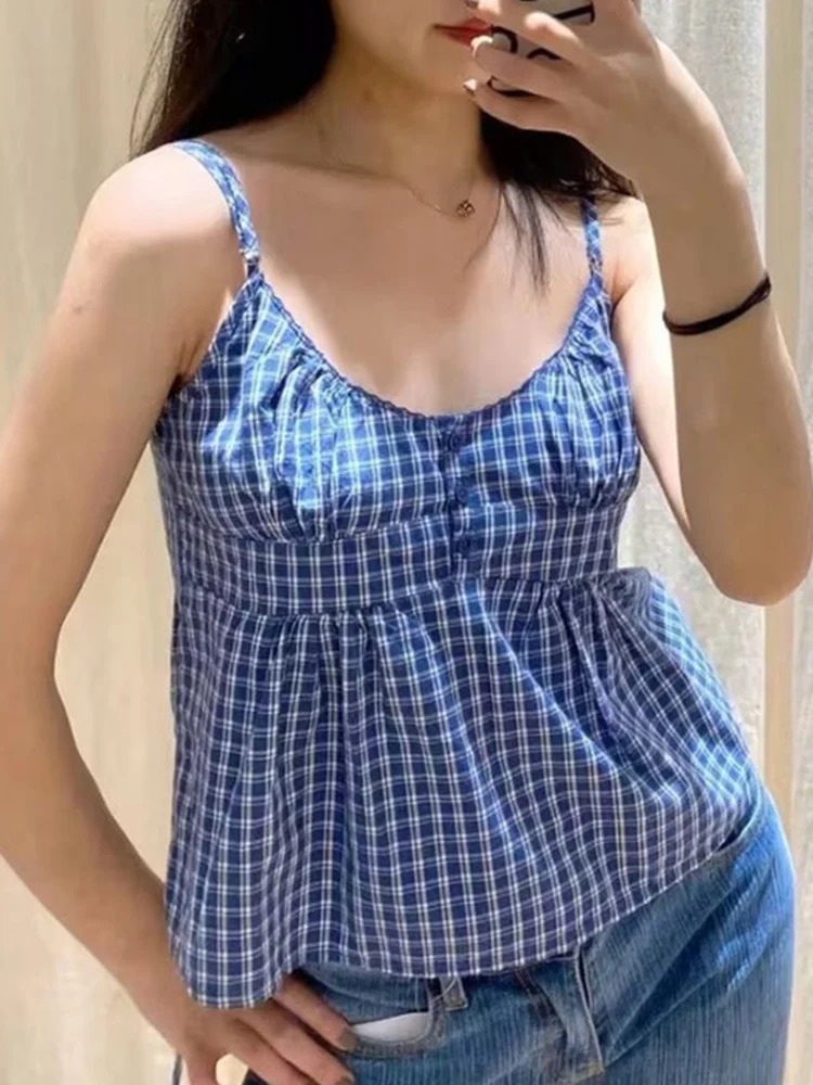 Casual womens fashionable blue front button plain printed Camis summer retro sleeveless womens fashion top 250321