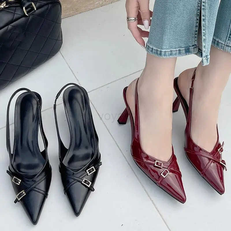 Fashion Fem Sandals Red Fashion H Wen Pumps Footwear Slingbacks Shoes For Pointed Toe Buckle Strap Ladies H Shoe Z250326