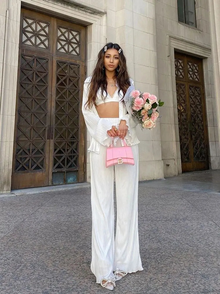 Spring womens shirt pleated two-piece loose high waist wide leg pants set casual and elegant office womens clothing 250321