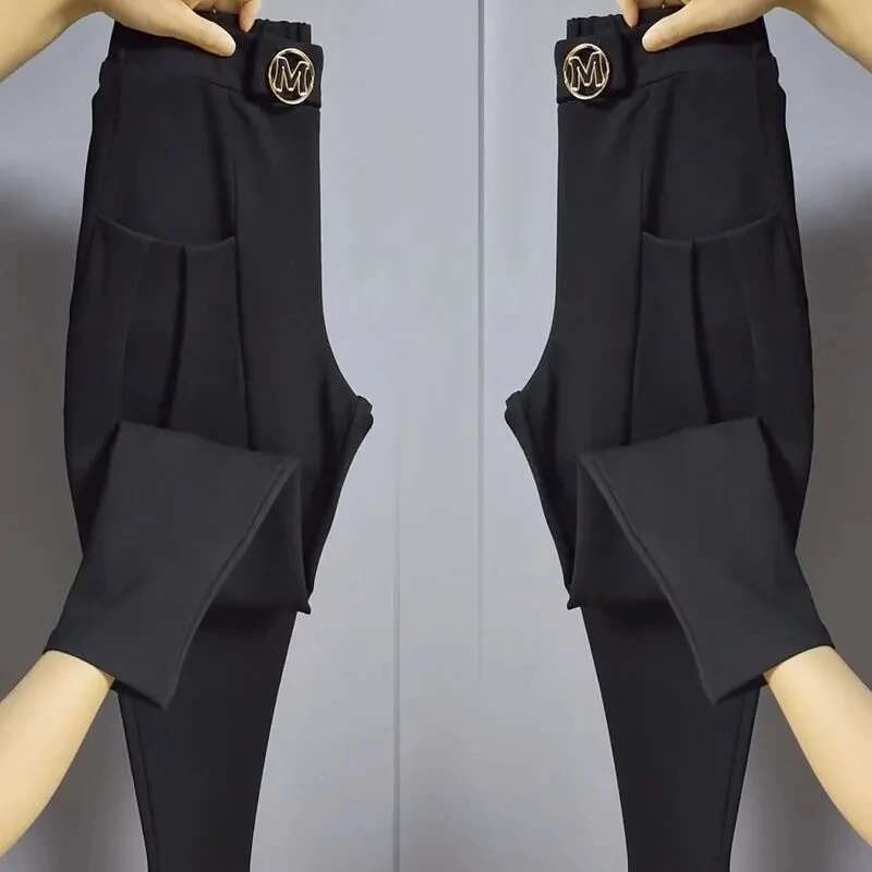 Autumn Casual Pocket Black High Oversized Trousers Women's Vintage Solid Color Elastic Waist Harem Ladies Pants