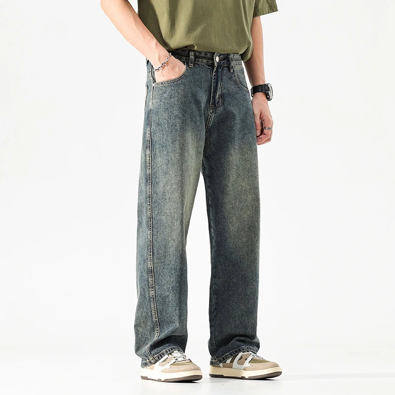 Wide leg jeans mens pocket pants summer straight cut loose fit vintage blue streetwear fashionable pockets clothing 250326