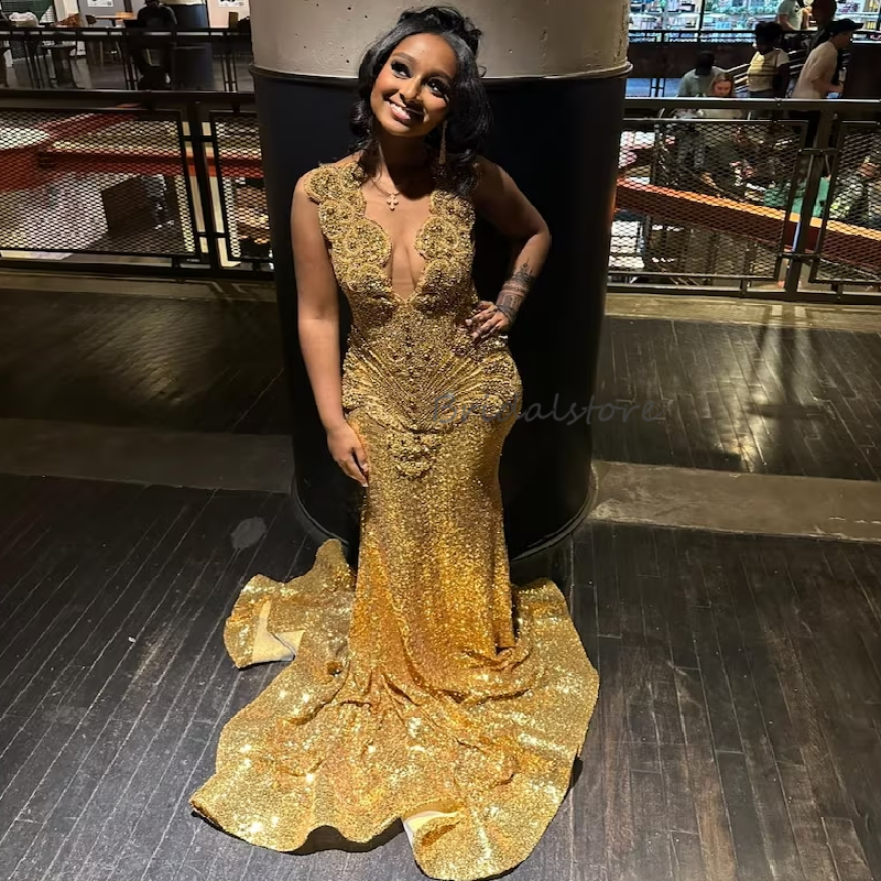 Shiny Gold Prom Dress Beaded Crystal Mermaid Sequined Evening Dress 2025 Aso Ebie African Formal Occasion Birthday Party Gown Custom Made Vestio De Fi